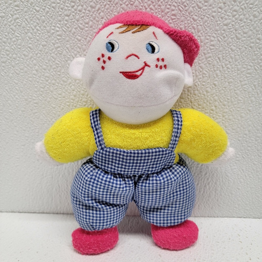Terrycloth Boy Baby Doll Freckles Plush Rattle Yellow Pink Hat Blue Overalls